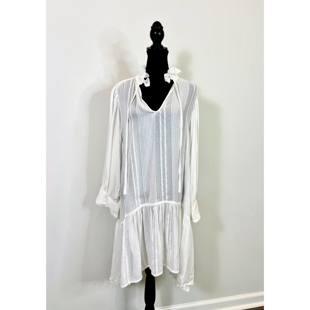 Evarae Loli Mini Dress in White Striped Large Ruffle Long Sleeve Boho Classic